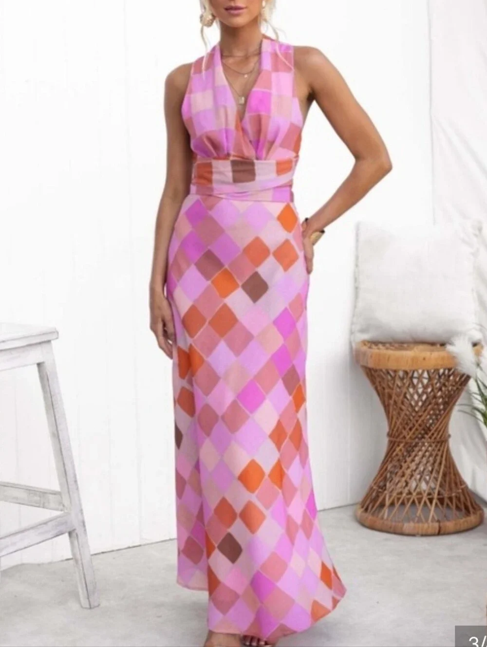 NWOT Selfie Leslie Pink Orange Geometric Diamond Maxi Dress Tie Halter Small 70s - Picture 3 of 6
